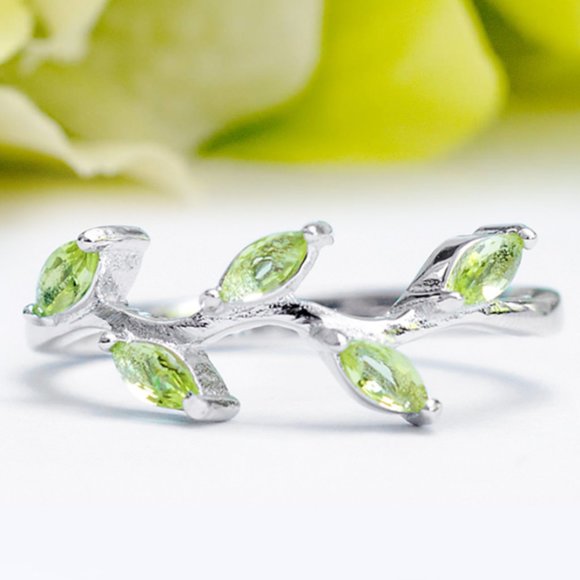 Green Peridot Leaf gemstone ring, 925 Sterling Silver, 10k gold Charmed Aroma - Picture 1 of 8